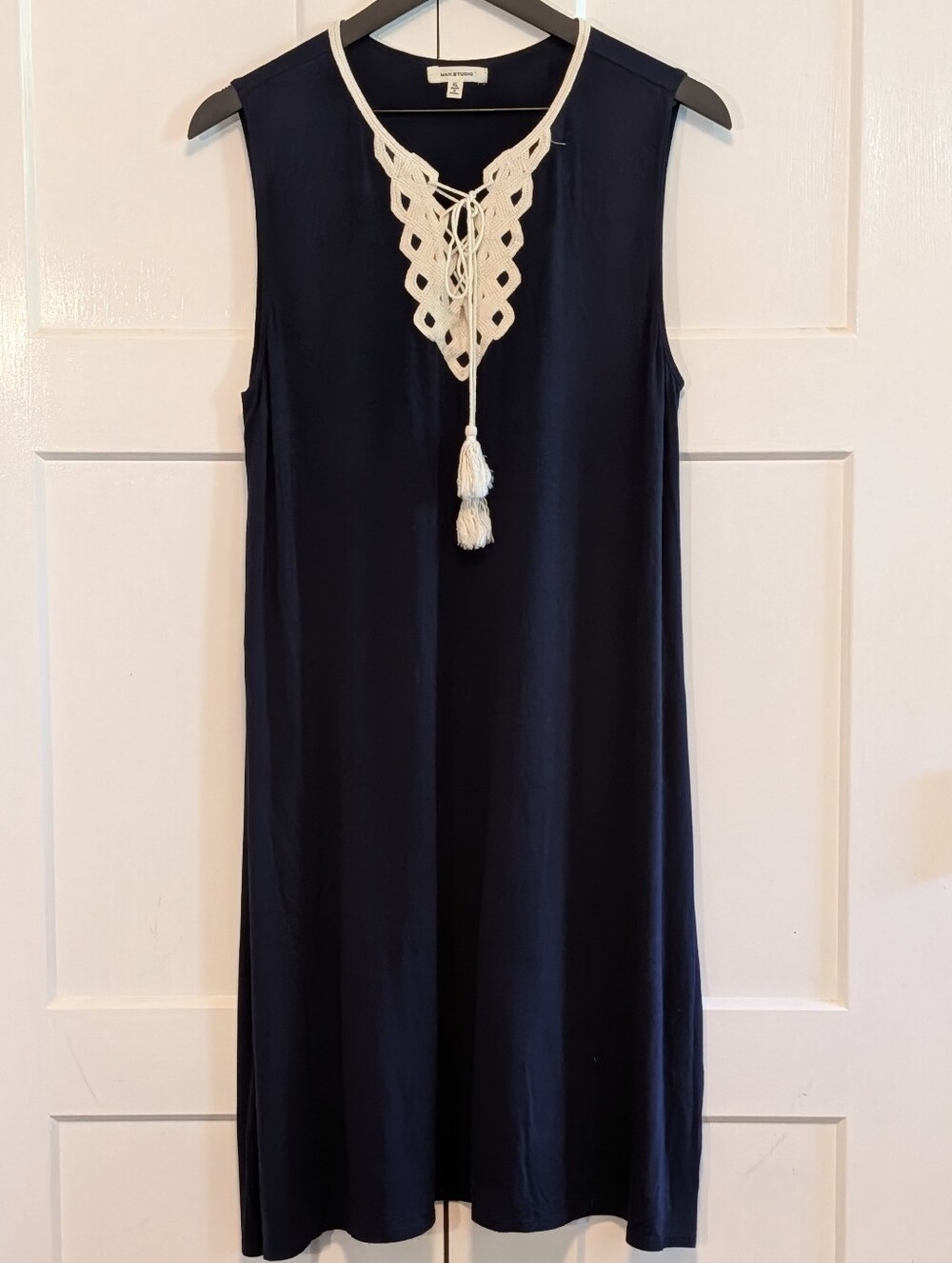 Max Studio Navy Crochet Lace Up Tassel Sleeveless Shift Dress XL Boho Resort